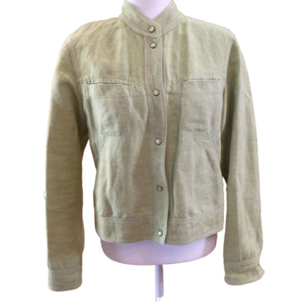 J. Jill Jacket Green Linen Mock Neck Lightweight Snap Front Jacket S